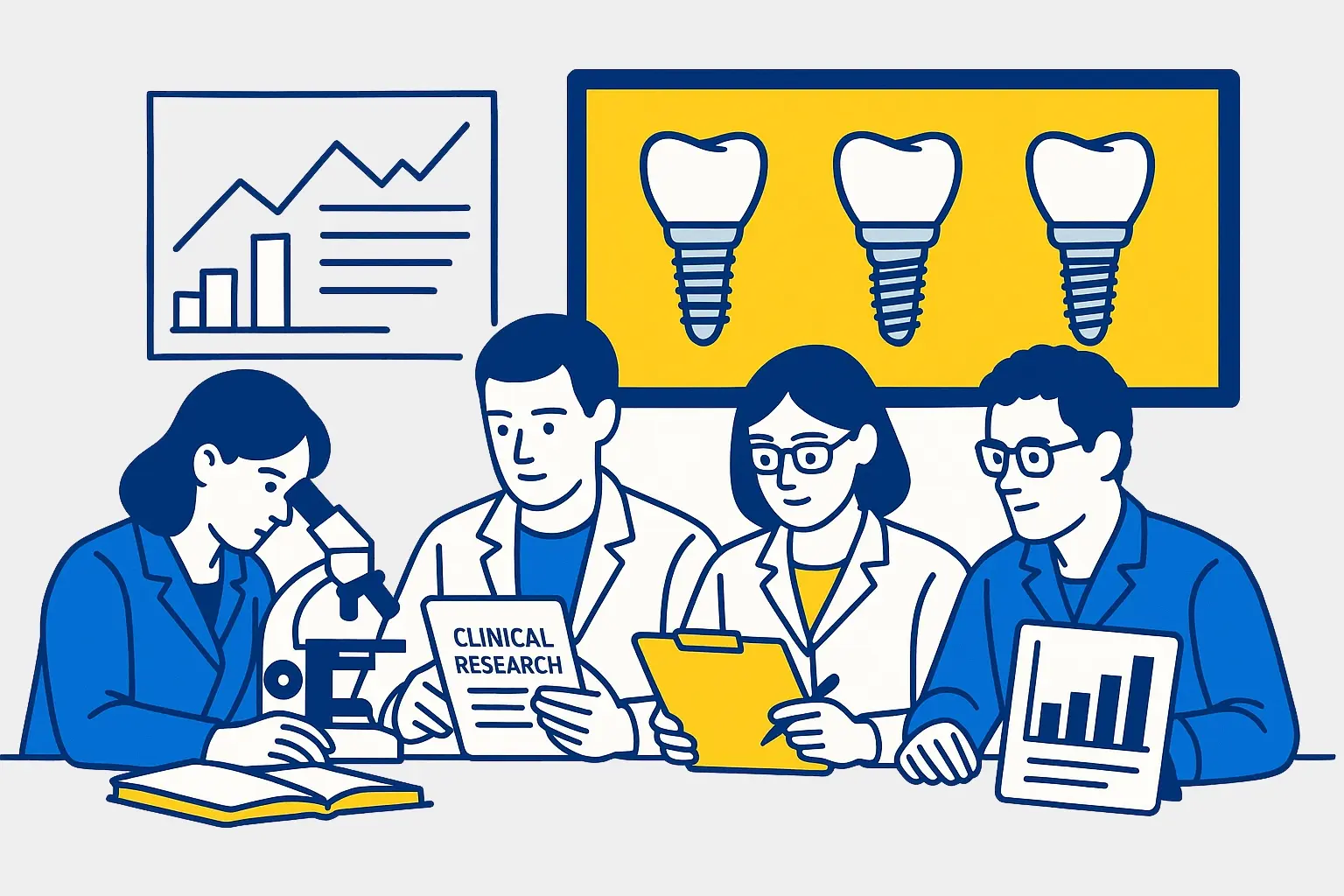 Chercheurs en laboratoire avec graphiques et implants dentaires.