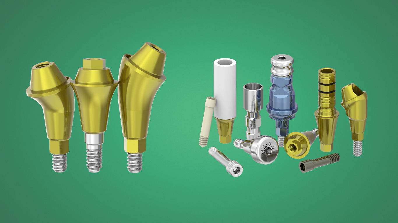Composants d'implants dentaires sur fond vert.