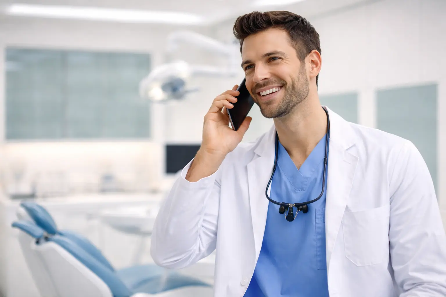 Dentiste souriant parlant au téléphone.
