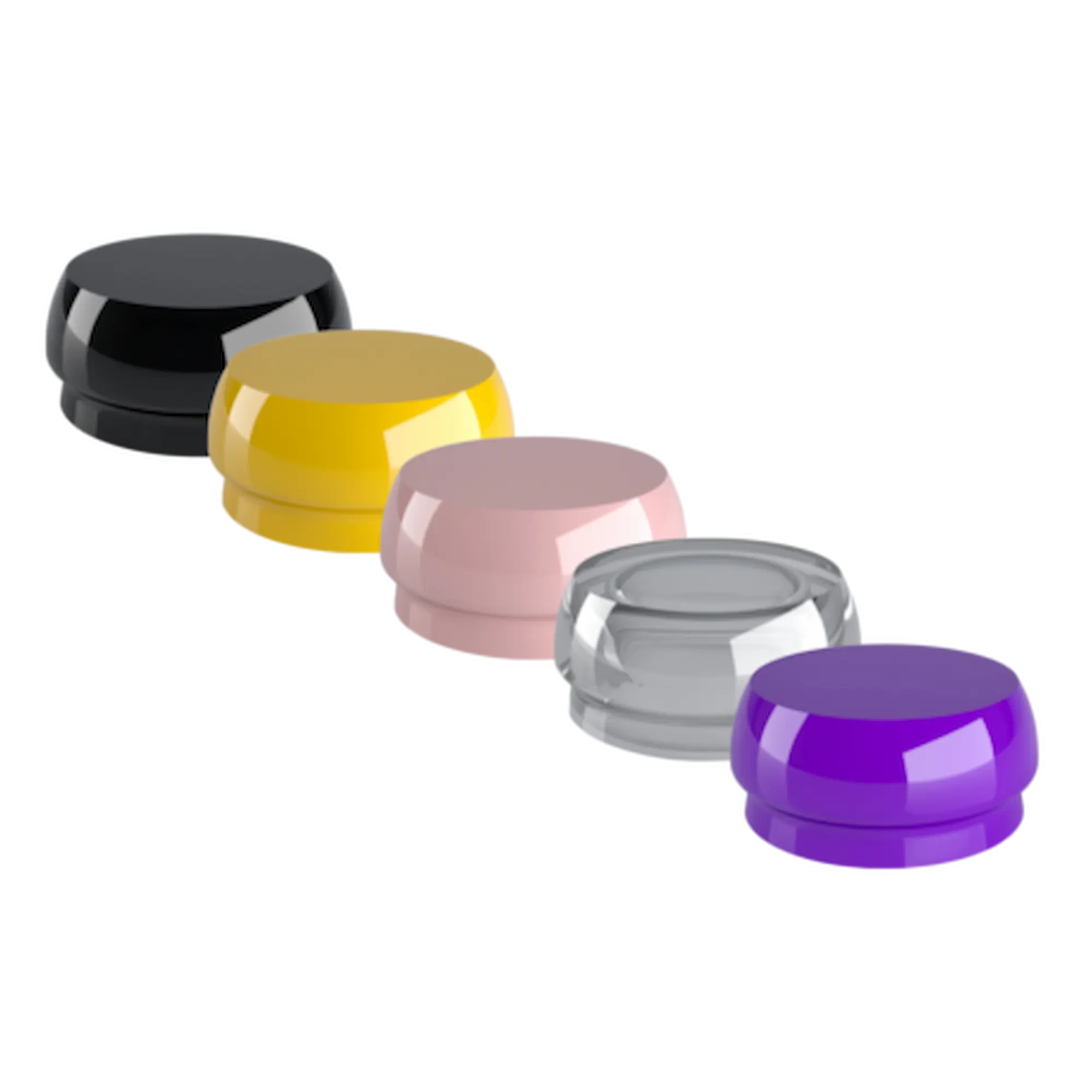 Cinq bouchons colorés en plastique alignés.