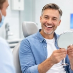 Homme souriant tenant un miroir chez le dentiste.