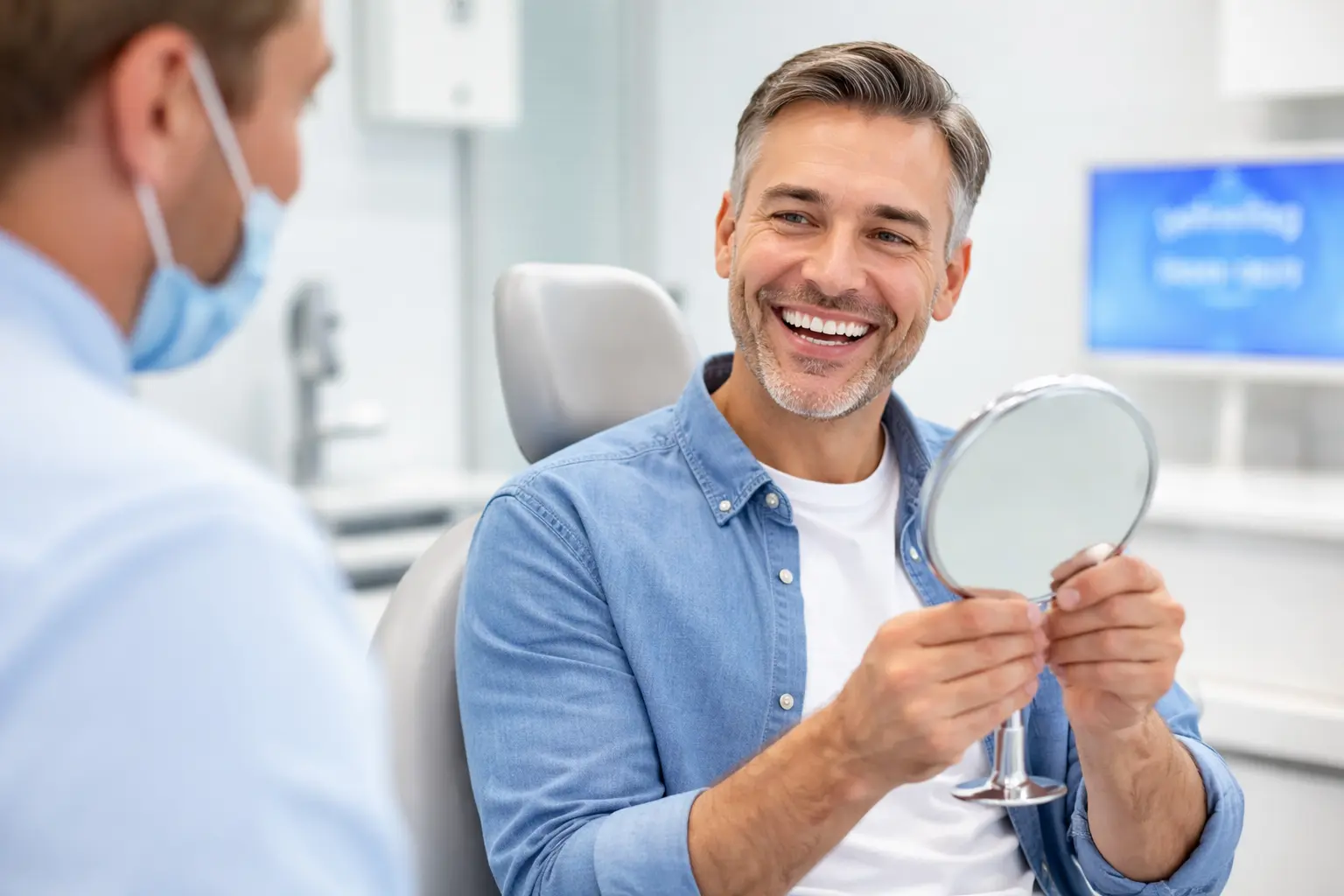 Homme souriant tenant un miroir chez le dentiste.