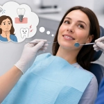 Patient chez le dentiste, réflexion sur implants dentaires.