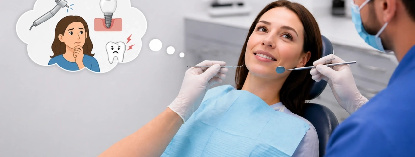 Patiente souriante chez le dentiste, pense aux soins dentaires.