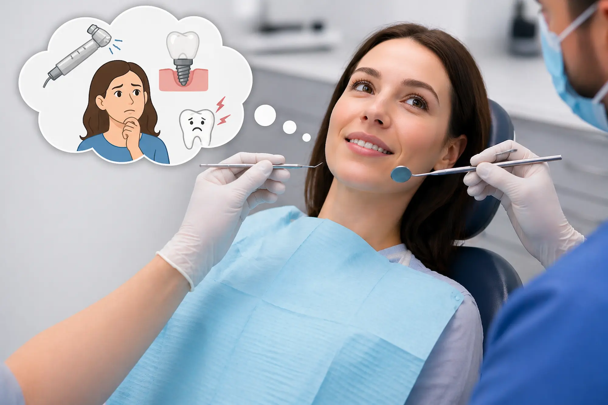 Patient chez le dentiste, réflexion sur implants dentaires.