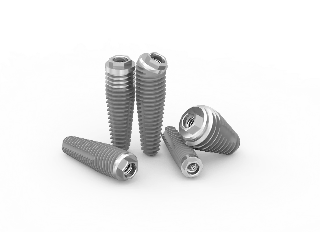 gamme external hex Implants dentaires métalliques sur fond gris.
