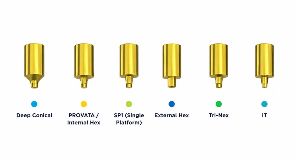 gamme southern implants Adaptateurs prothétiques en titane de différentes formes.