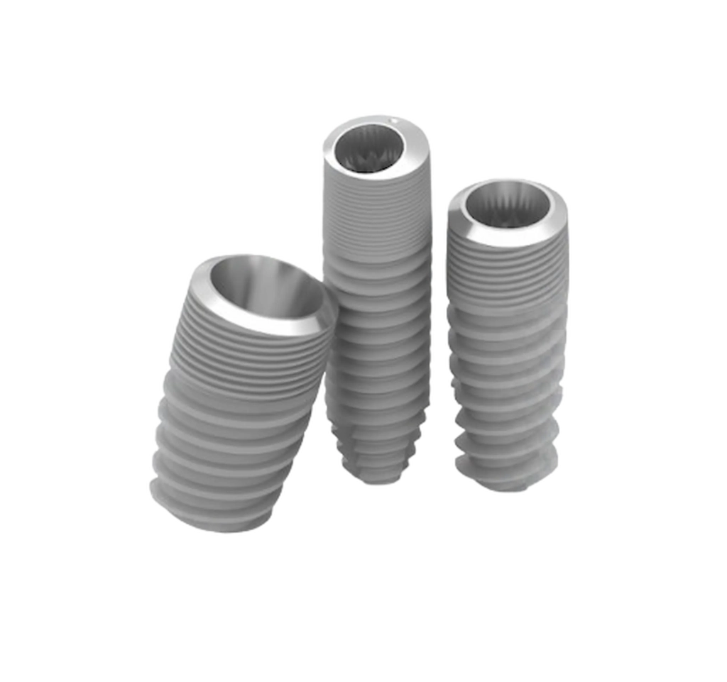 gamme deep conical Trois implants dentaires en titane filetés