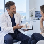 Praticien présentant les options d’un traitement implantaire à une patiente lors d’une consultation.